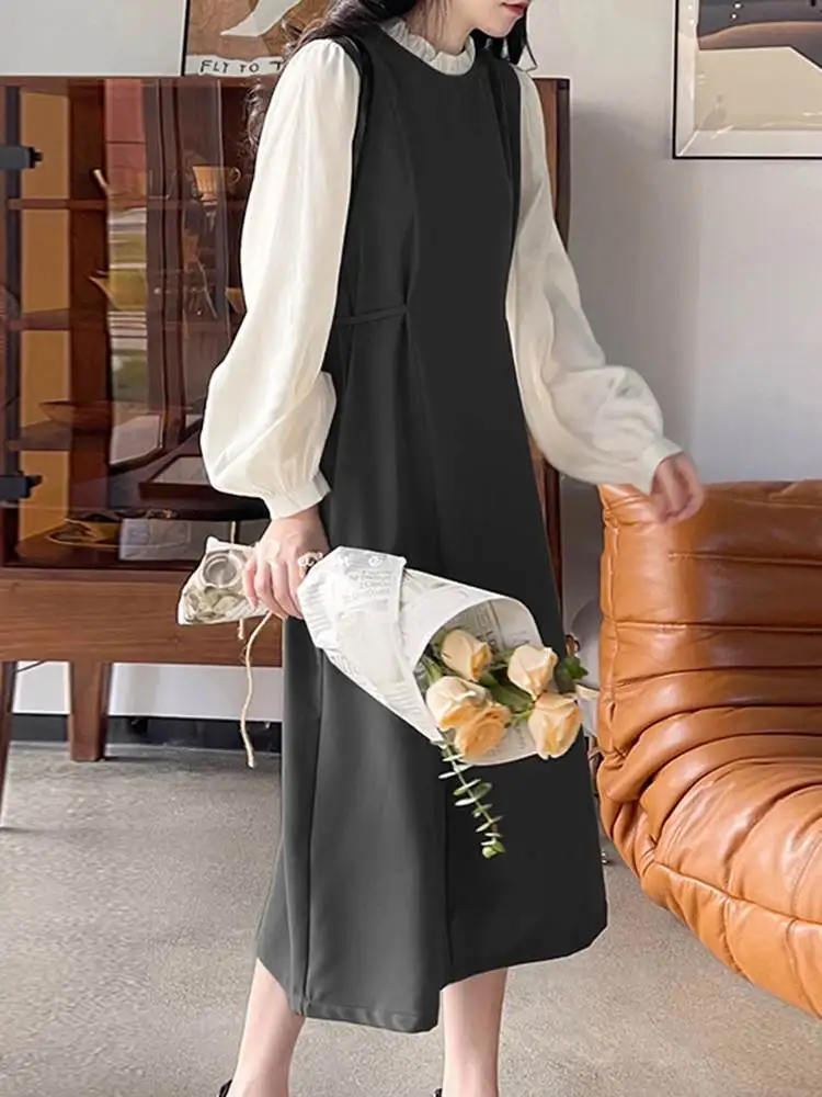 

VONDA Women Patchwork Sundress 2022 Autumn Casual O Neck Elegant Dress Vintage Loose Long Lantern Sleeve Party Dress Robe Femme