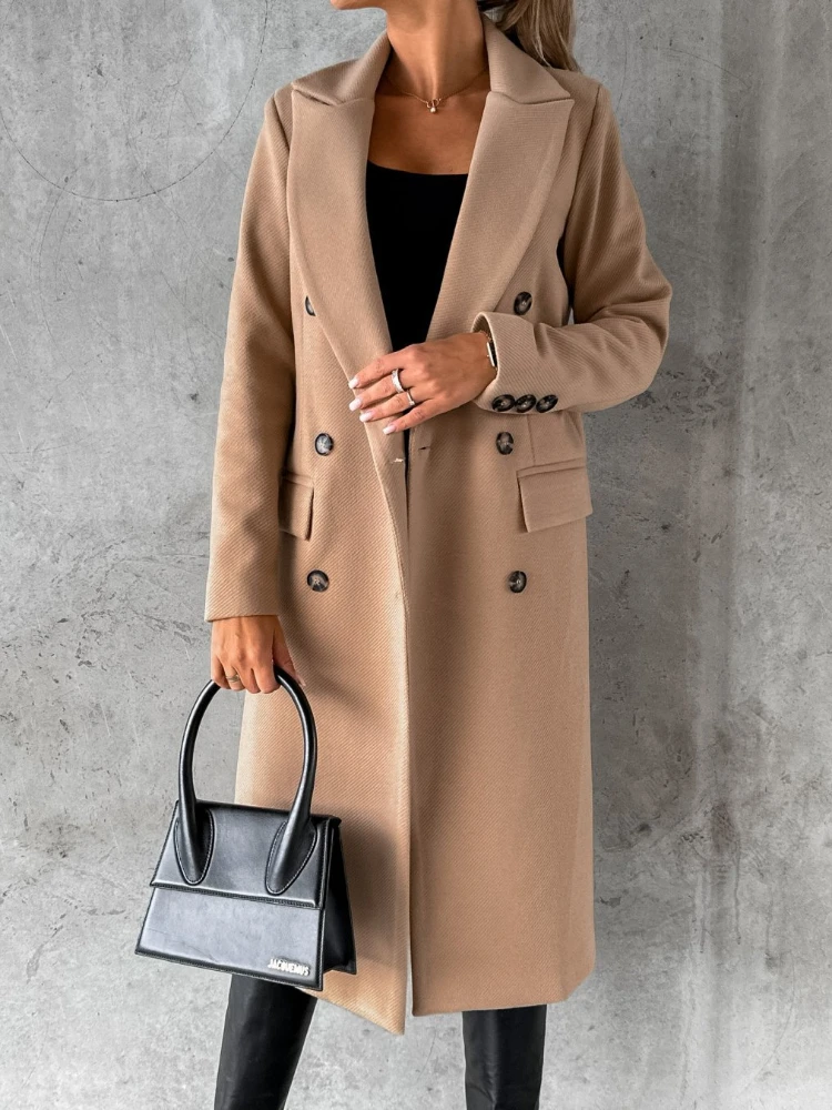 

Женское двубортное пальто с лацканами FTLZZ, Длинное свободное Однотонное шерстяное пальто для офиса, элегантная теплая куртка на осень и зиму