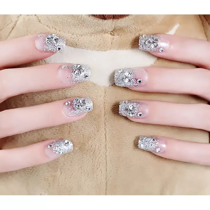 

NEW Beauty Fake Nails DIY Glitter Acrylic Full Cover Nail Art Tips with Glue Girls Shining Rhinestones Fashion False Nail