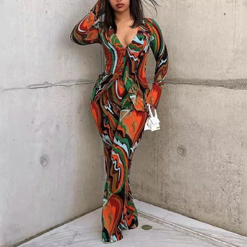 

Wepbel Deep V Tshirts Sets Women Shirts Wide Leg Pants Fashion Casual 2 Piece Sets Long Sleeve Blouses Tops Flare Trousers