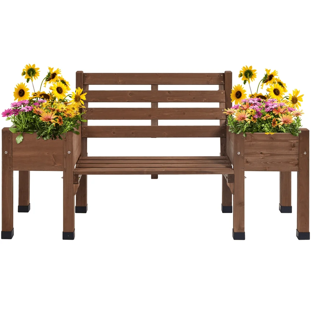

SmileMart 2 in 1 Outdoor Wood Bench with Double Planter Boxes for Patio, Brown
