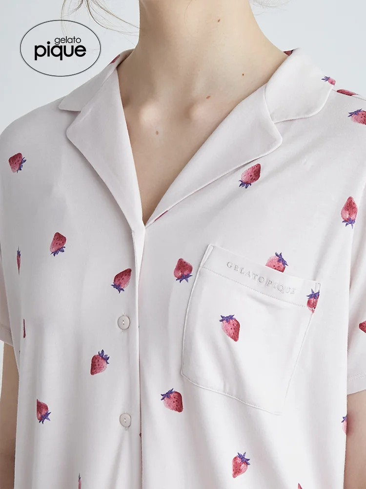 Room Wear Ladies Gelato Pique Summer Short Sleeve Shirt Women's Pajamas Set  Strawberry Printed