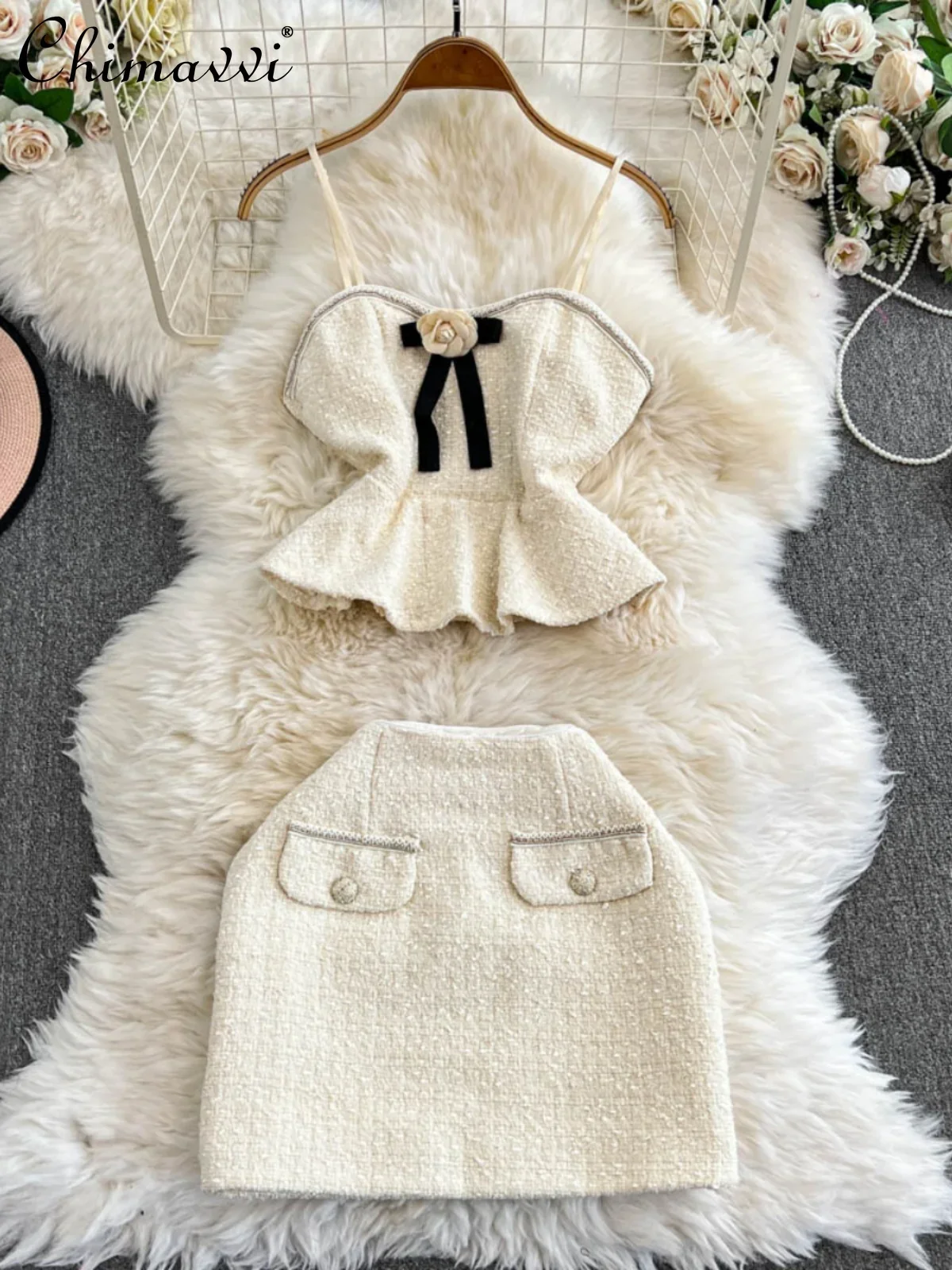 Французский элегантный темперамент светский твидовый костюм цветочная брошь