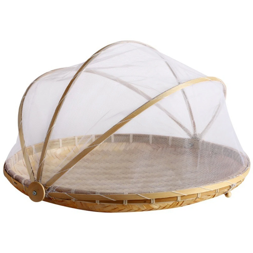 

Bamboo Woven Basket With Net Fruit Vegetable Bread Food Basket Container Kithen Outdoor Picnic Dust Proof Bamboo Basket