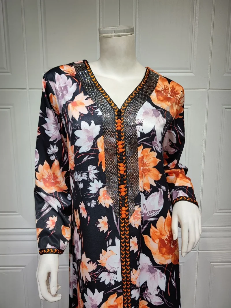 Elegant Muslim Abaya Women Dress India Turkey Abayas Eid Mubarak Long Sleeve Print Moroccan Kaftan Caftan Lady Musulman Vestidos