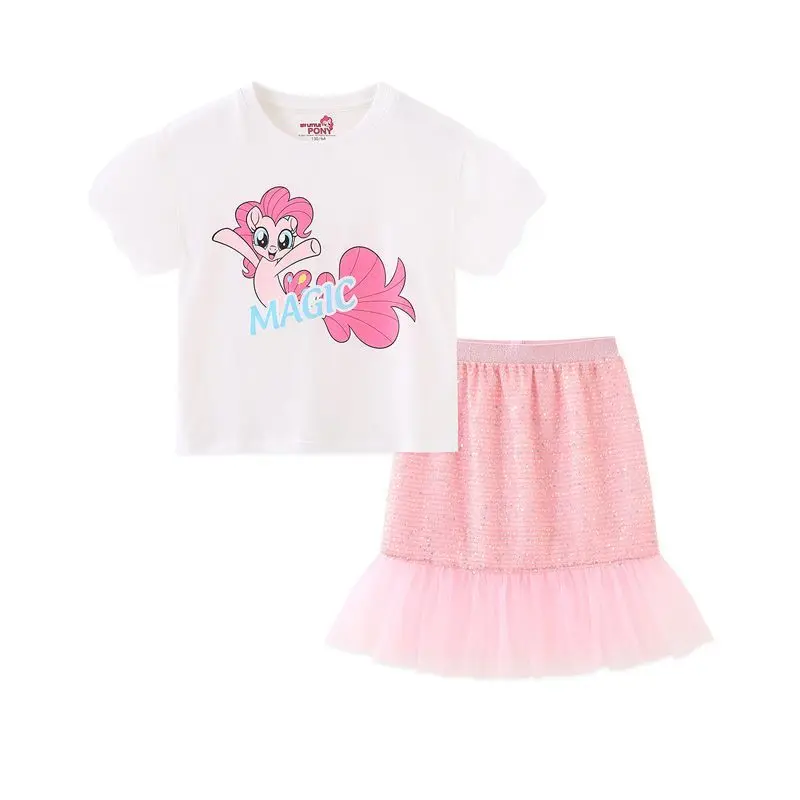 

My Little Pony Cute Little Butterfly Girls Skirt Suit Western Style Sequin Skirt 2023 Summer New Children's T-shirt Two-pieceSet