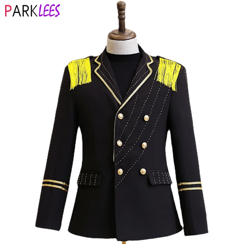 

Mens Double Breasted Steampunk Blazer Jacket Brand Tassel Epaulets Design Blazers Men Halloween Cosplay Nightclub Prom Costumes