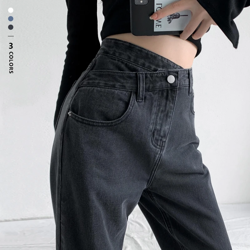 

Женские джинсы с широкими штанинами, винтажные прямые брюки из хлопка с высокой талией, синие, белые, черные, серые, уличная одежда