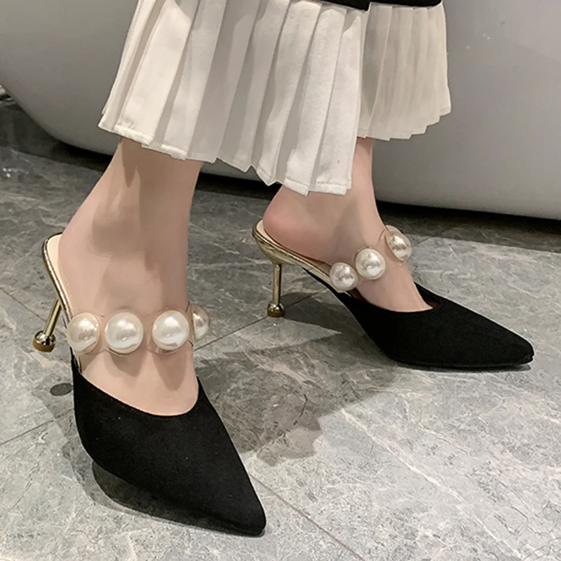 

Cover Toe Slippers Soft Thin Heels Summer Women's Shoes Heeled Mules Pantofle Med Slides Flock String Bead Comfort High 2022