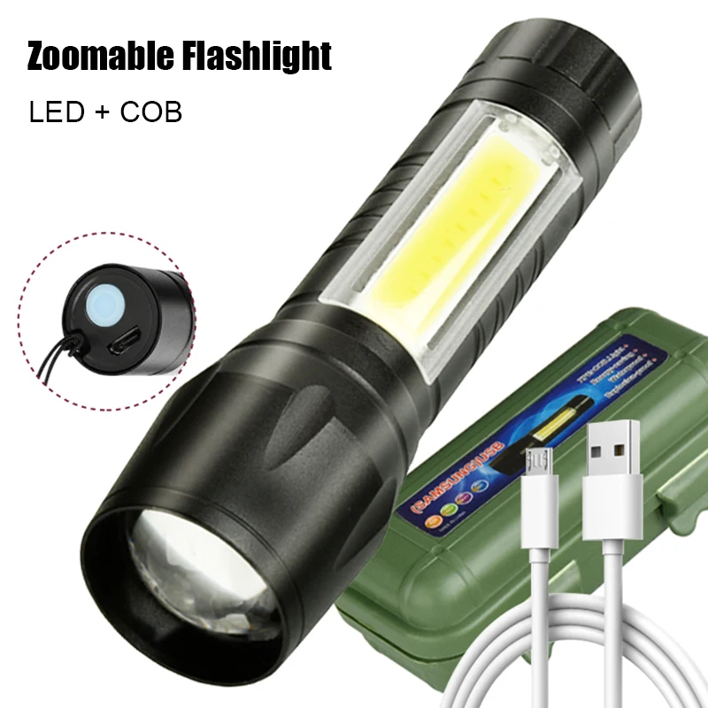 

Q5 Built-in Battery USB Charging LED Flashlight COB Zoomable Waterproof Tactical Powerful Flashlight Lamps Lantern Litwod Camp