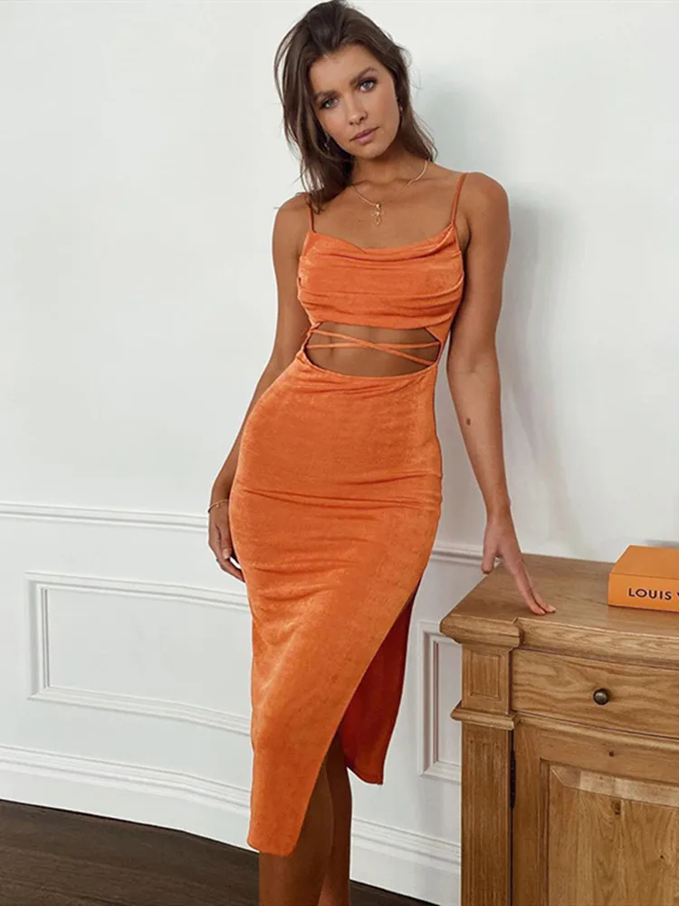 

hirigin Elegant Hollow Out Spaghetti Strap Madi Dress For Women 2022 Summer New Fashion Sleeveless Backless Long Dress Vestido