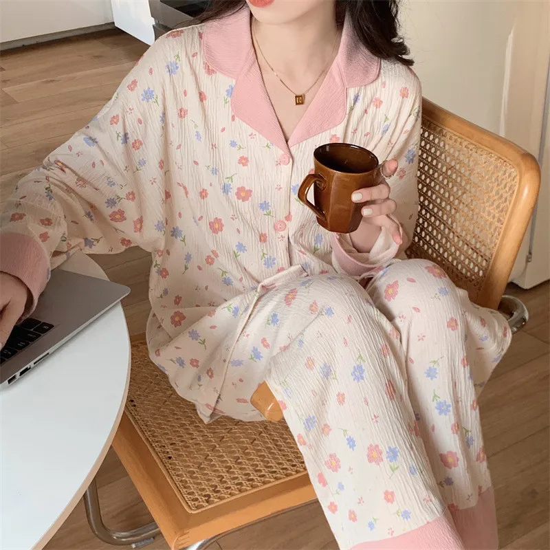 

Fdfklak New Pyjama Pour Femme Cotton Lapel Shirt Pant Suit Korean Women Sleepwear Home Long Sleeve Spring Autumn Pajamas Set