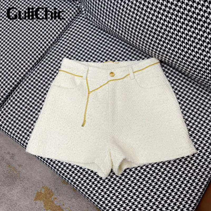 

5.28 GuliChic Women Fashion Casual High Waist Slim Tweed Shorts With Chain Belt