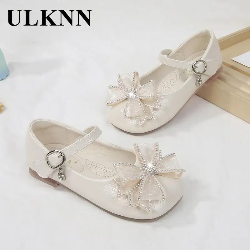 

Girls Princess Beige Leather Shoes The Spring And Autumn 2023 New Fashion Flat Black Female Baby Antiskid Soft Bow Red Shoes