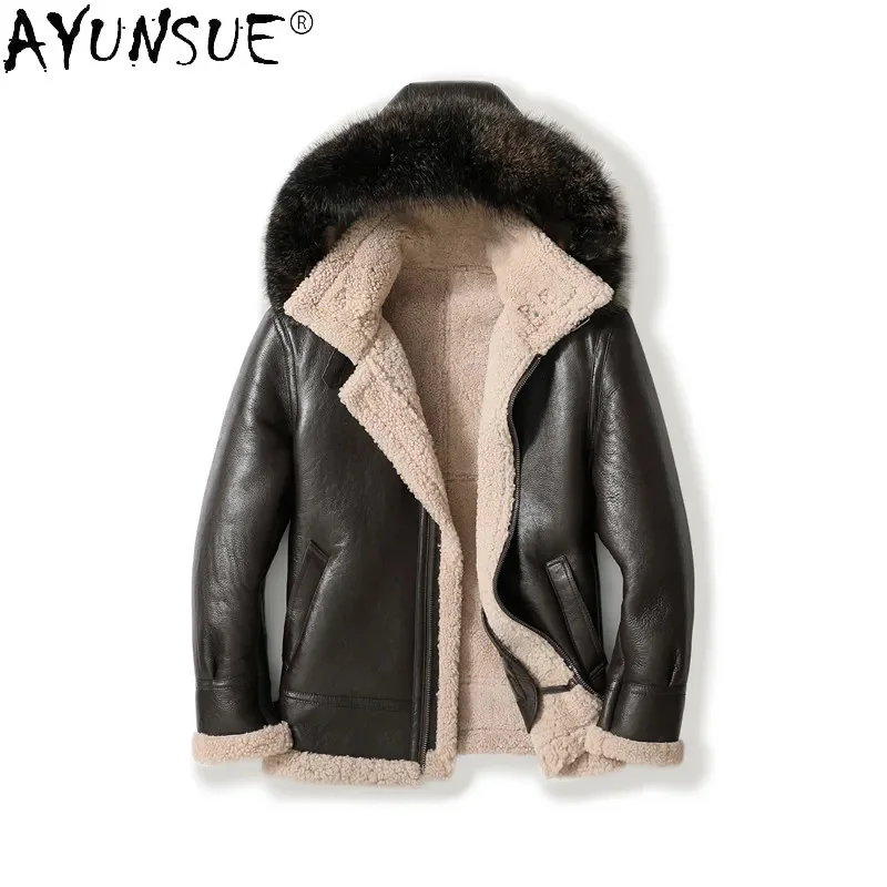 

AYUNSUE Real Leather Jacket Men Original Sheepskin Fur All-in-one Outwear Men's Clothes Thick Winter Hooded Flight Suit Jaqueta