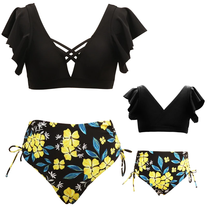 

Ruffled Sleeve Mother Daughter Swimsuits Family Set V-neck Mommy and Me Matching Swimwear Flower Woman Girl Bikini Dress Clothes