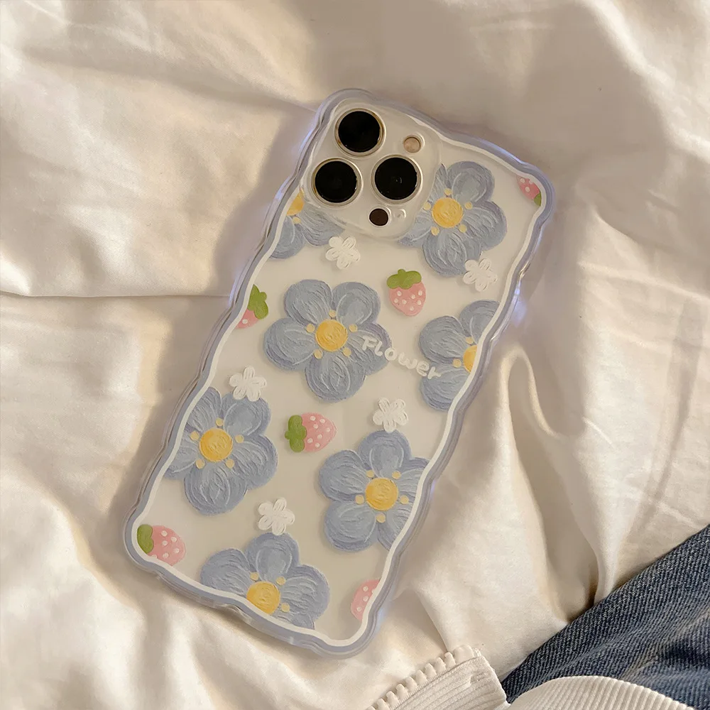 

Clear Phone Case For iPhone 14 13 12 Mini 11 Pro Xs Max X Xr 7 8 Plus Se2 Strawberry Flower Wavy Edge Shockproof Cover Fundas