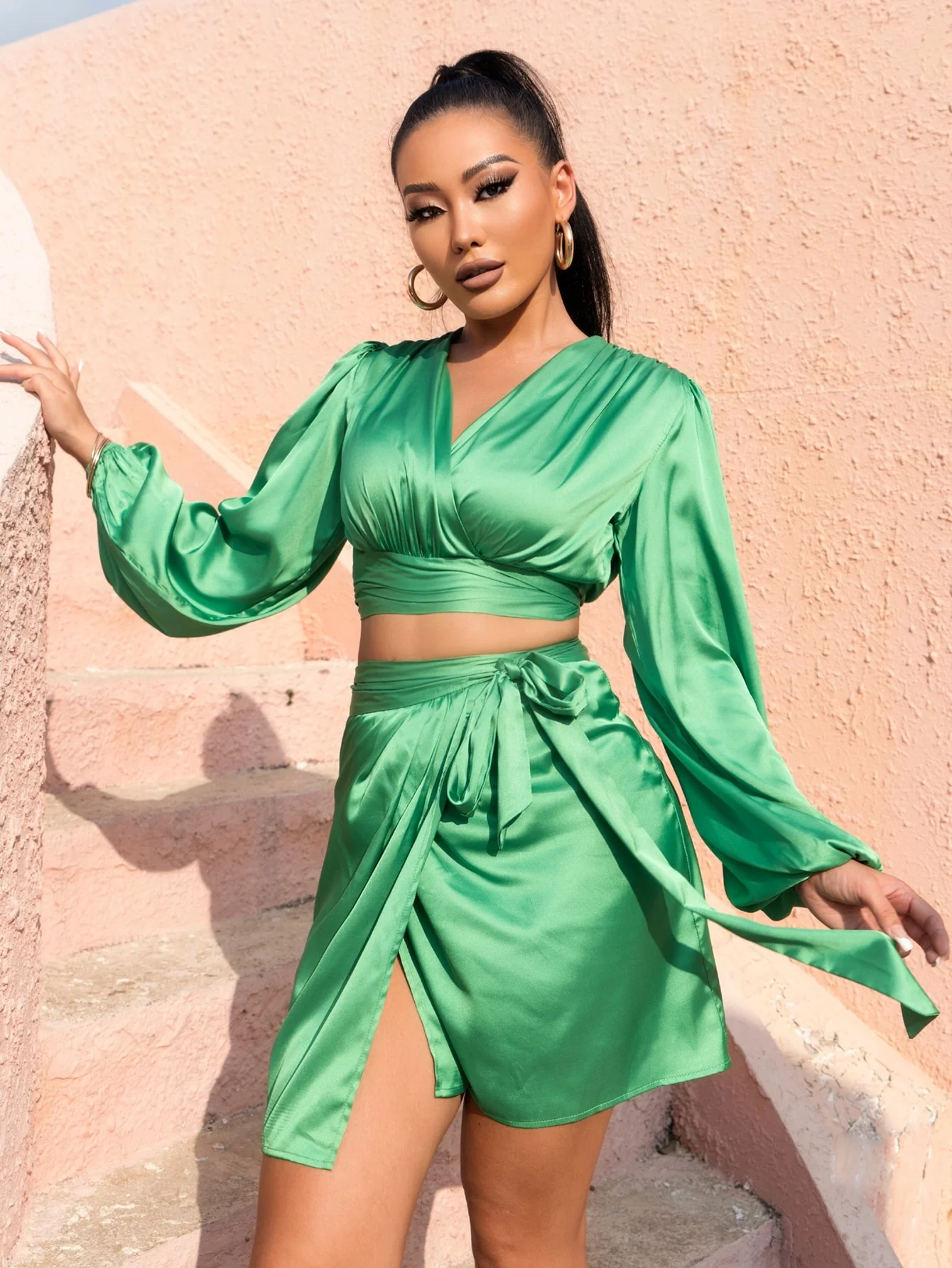 EvaQueen Dress Lantern Sleeve Tie Back Crop Satin Top & Wrap Belted Skirt