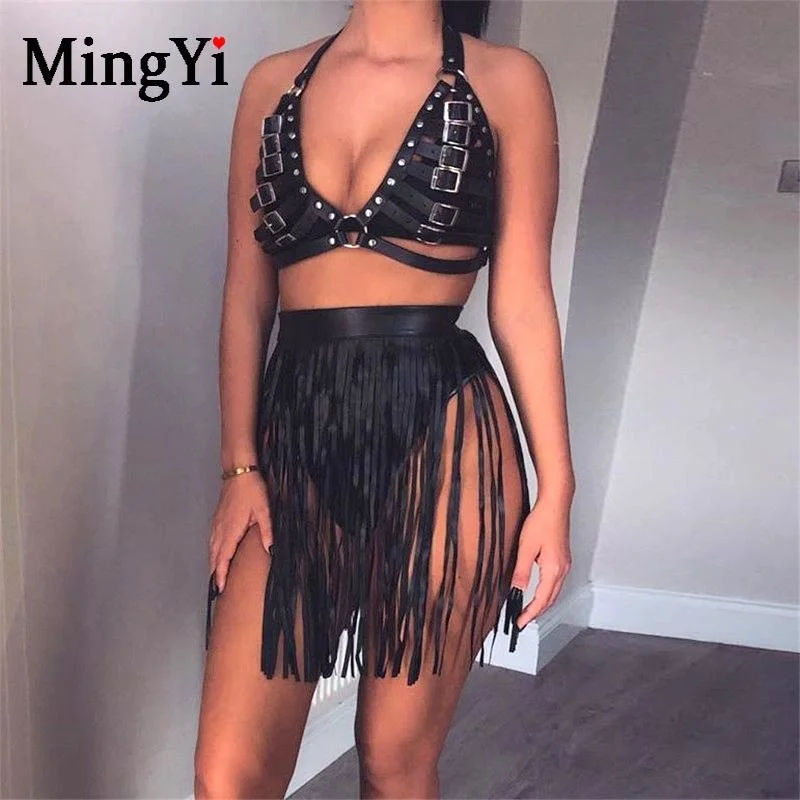 Bras Sets PU Leather Body Harness Tassel Skirt Hollow Cage Bra Top 2 Piece Set Women Bdsm Sexy Fetish Lingerie Fringe Belt