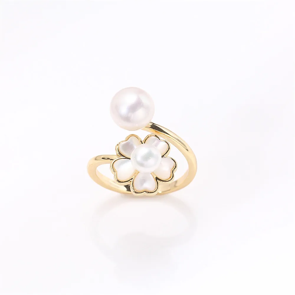 

Domestic 14k Gold Color Retaining Ring with Micro Inlaid Zircon Five Petal Flower Shell Pearl DIY Accessories Wholesale Fit5-8mm