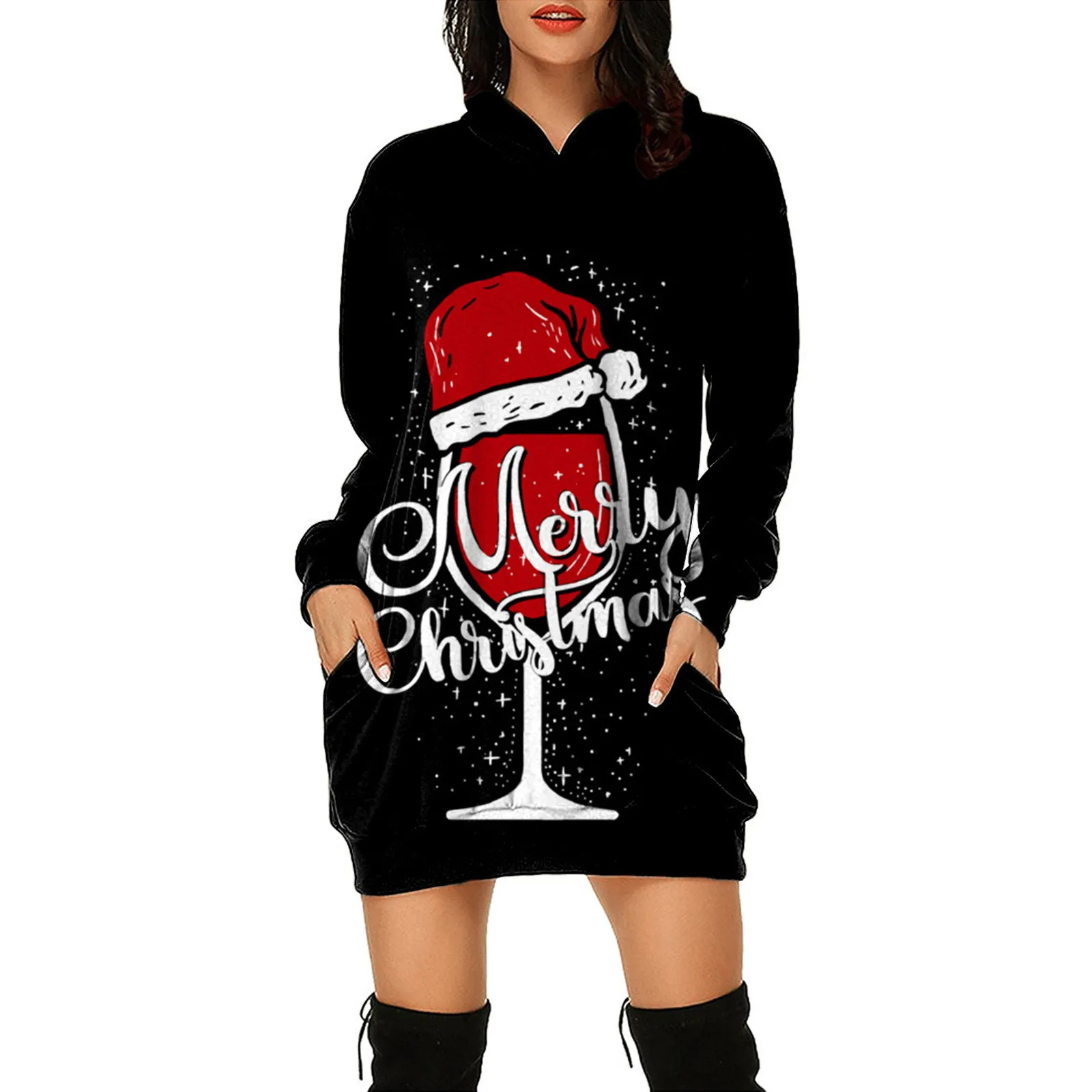 

Women Merry Christmas Hooded Sweatershirts Printed Long Sleeve Lightweight Oversized Midi Strapless Dresses for Women Casual