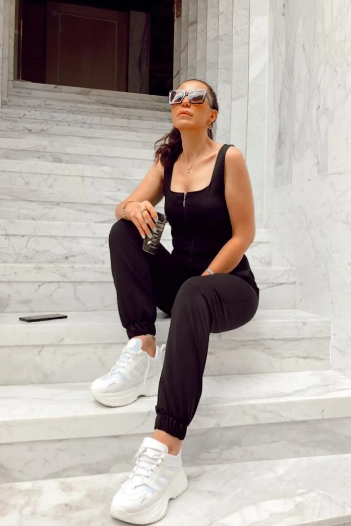 

Women's Overalls Black Zipper Detailed Elastic Hem Jumpsuit Hot Casual Fashion Sleeveless Baggy Trousers Overalls