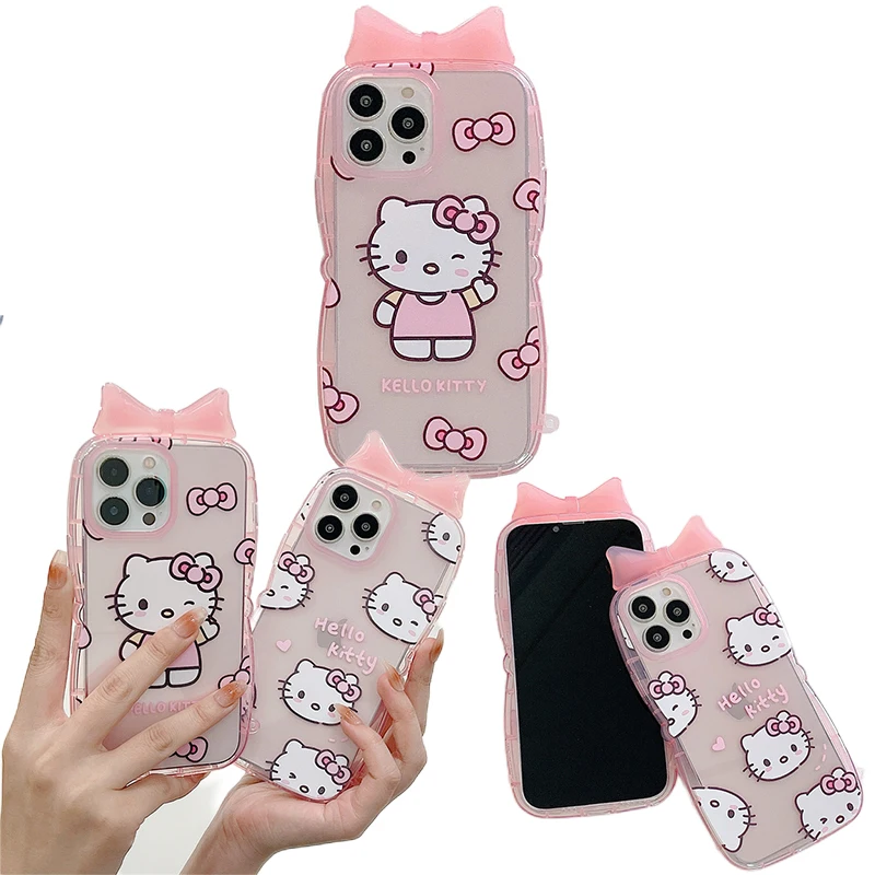 

Милый чехол для Iphone с бантом Sanrios Hello Kittys для 11, 12, 13 Iphone, искусственные аксессуары из аниме, милые противоударные аксессуары