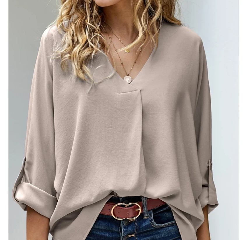 Spring Autumn Casual Women Blouse Solid Color Loose Elegant Long Sleeve Shirt 2022 Stylish V Neck Blusas Chemise Tops - купить по