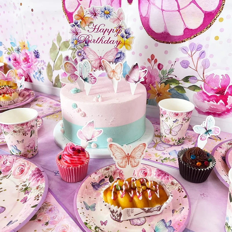 

Ink Flower Butterfly Birthday Party Theme Tableware Set Paper Trays Cup Napkins Cake Decorating Knife, Fork And Spoon Baby Bath