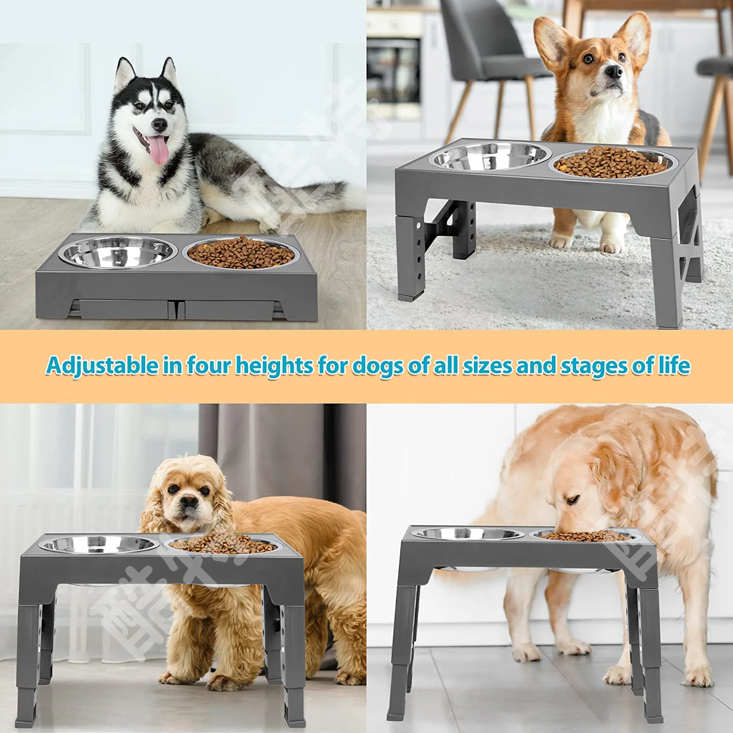 

Кормушка для собак, двойная чаша, регулируемая поднимающаяся миска для кормления домашних животных, миски для воды для кормления кошек с подставкой, подъемная столик из нержавеющей стали для собак