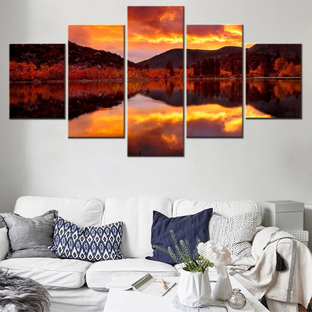 

5 Pieces HD Quality Nuture Lake In Fire Lovely Orange Lakeshore Home Decoration Wallpaper Canvas Painting Living Room Artwork