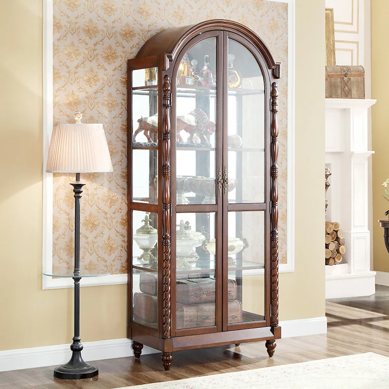 

Custom American Full Solid Wood Double Door Wine Cabinet Wall Family Simple Retro Living Room Glass Door Display Cabinet
