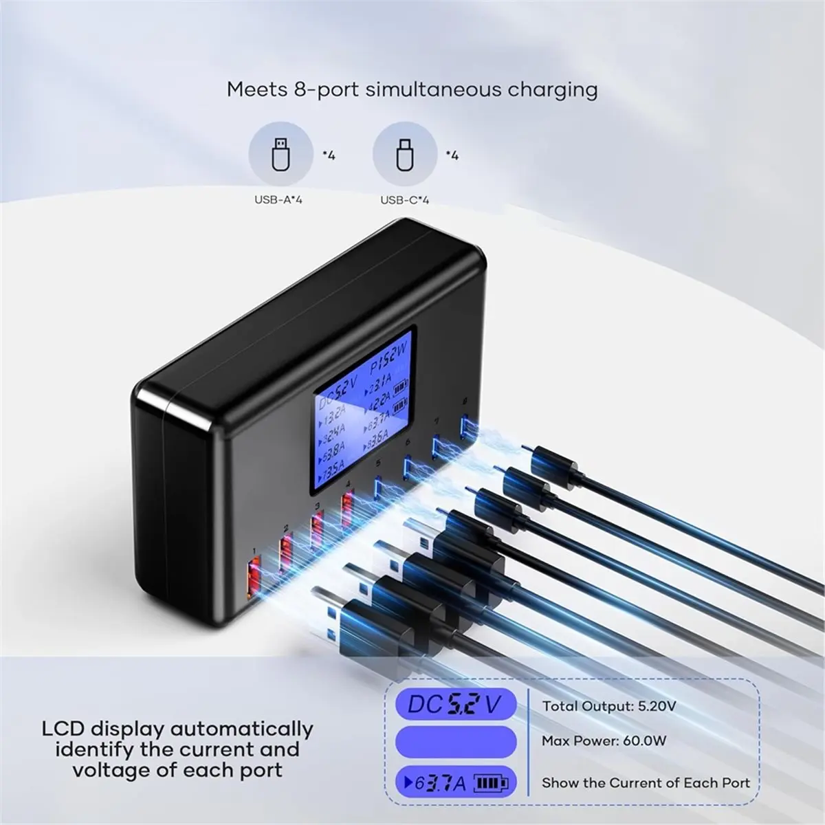 Фото Зарядное устройство A26Z USB C, 8-портовая зарядная станция для нескольких устройств, многопортовая зарядная станция с 4 портами USB-C и 4 портами USB-A, быстрое зарядное устройство (США) №1