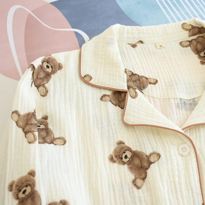 Cartoon Mom Style Home Clothes Washed Crepe Lapel Spring/Autumn Thin Long Sleeve Trousers Cotton Double Gauze Female Pajamas Set