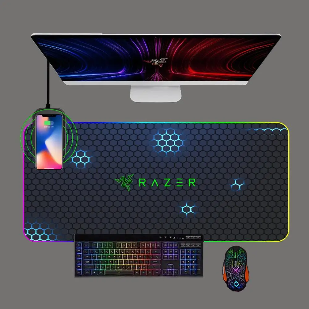 

Беспроводной игровой коврик для мыши Razer с геометрическим рисунком, игровой компьютерный коврик для мыши для офиса и клавиатуры с RGB Подсветкой