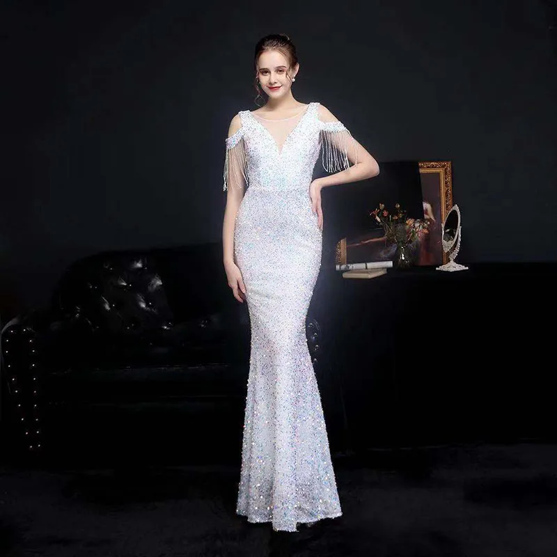 New Spring Banquet Temperament Sexy Fishtail Heavy Industry Celebrity Host Evening Dress
