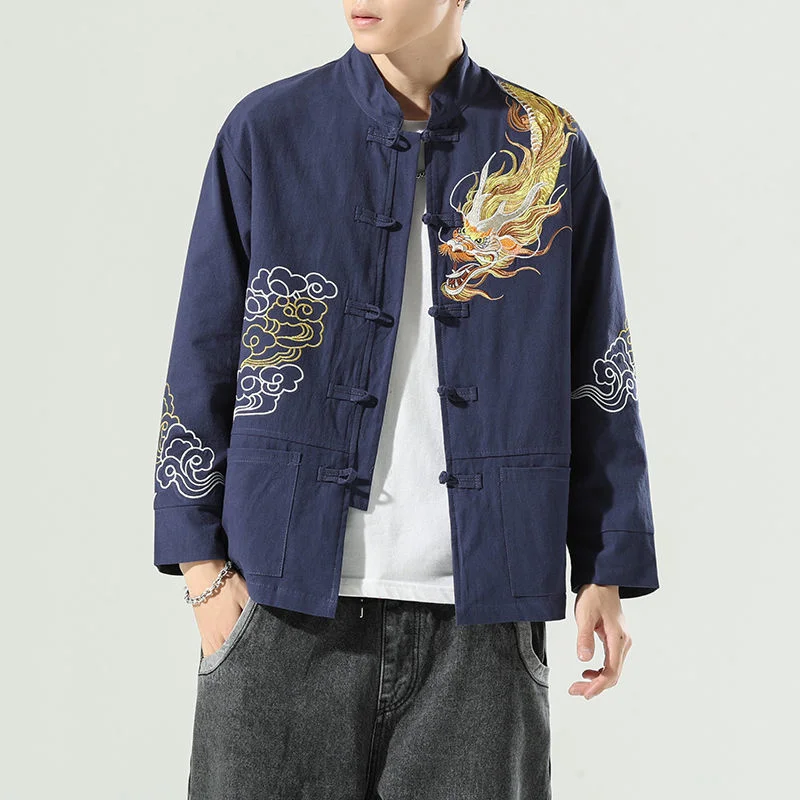 

MrGB Chinese Men's Autumn Jackets Dragon Embroidered Tang Suit Chinese Traditional Clothes Casual Stand Collar Male Coats
