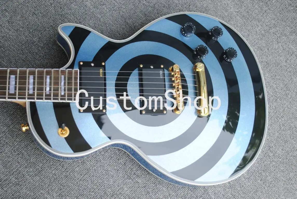 

Zakk Wylde bullseye Metallic Blue & Black Electric Guitar White Block Pearl Inlay, Copy EMG Passive Pickups, Gold Hardware