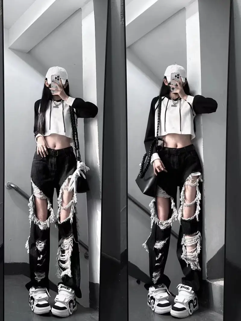 New All-Match Y2k Distressed Women Broken Hole Jeans High Street Hip Hop High Waist Straight Loose Trousers Washed Mopping Pants