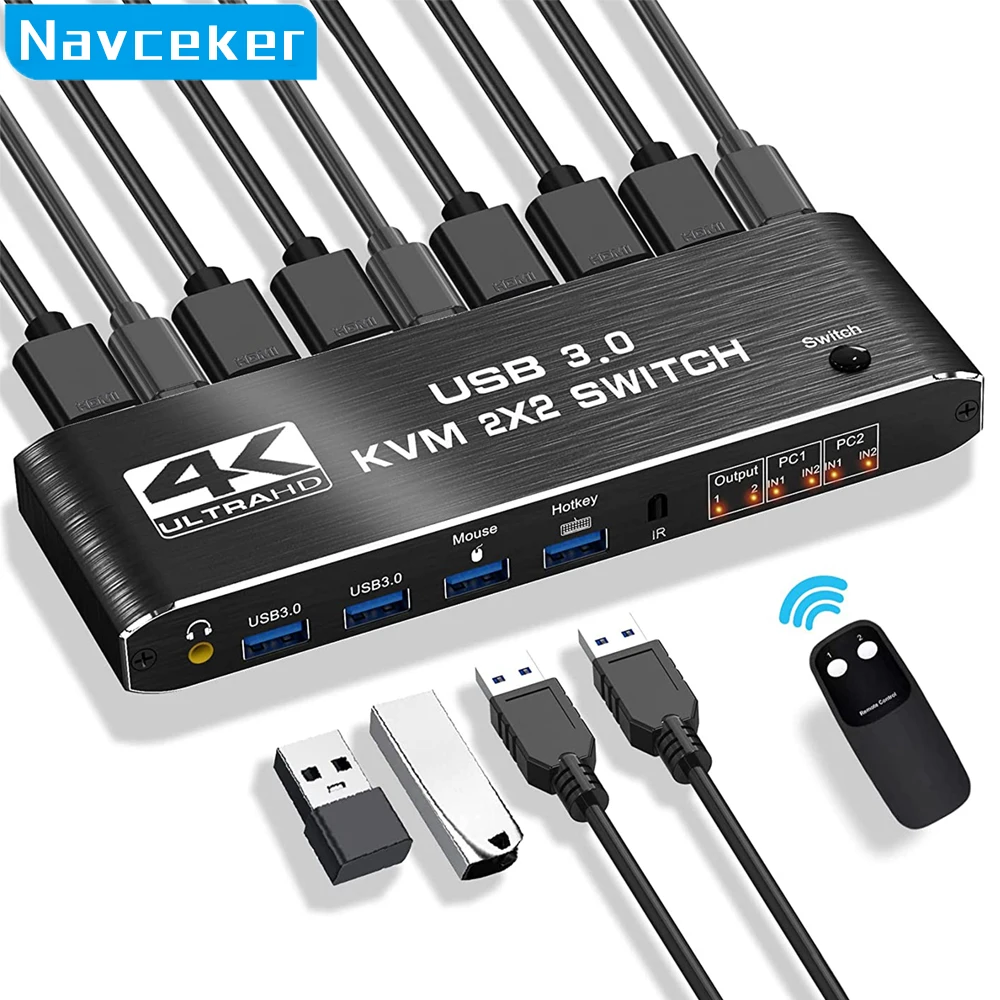 Kvm-переключатель 2 х2 HDMI 4K 60 Гц, KVM HDMI с двойным монитором, Расширенный дисплей, USB KVM-переключатель, 2 в 2 выхода, для 2 компьютеров, совместное использование 2 мониторов
