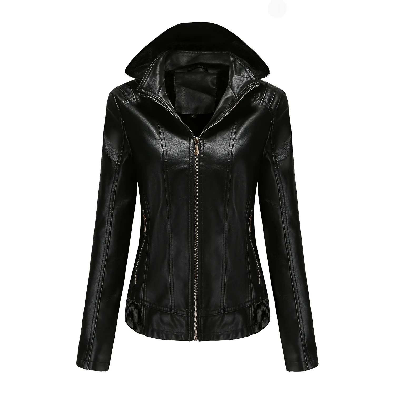 Autumn and winter hooded leather jacket women's detachable hat zipper long sleeve plush leather jacket fitted warm coat