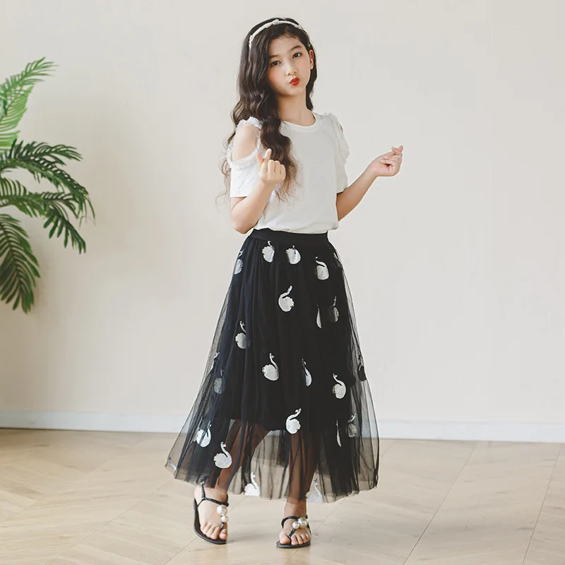 

Clothes for Teen Girl Summer Mesh Skirts Suits Two Pieces Princess Muslim Children Clothing Set 8 10 12 14 years old