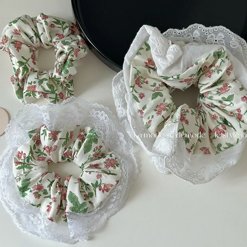 

Vintage Large Lace Scrunchies Multi-layer Floral Flower Print Hair Tie Ponytail Holder Elastic Hair Band Women Hair Accessories
