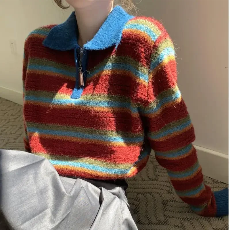 Осень/зима 2023 винтажный полосатый воротник-поло вязаный топ женский свободный