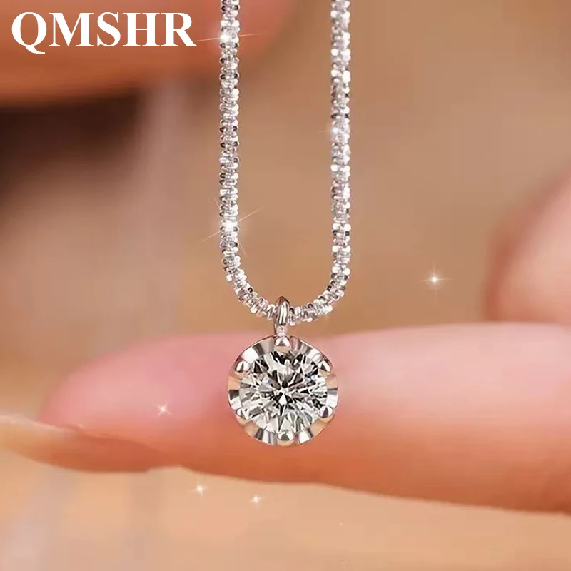 Фото QMSHR 1-2CT Ожерелье из белого золота с муассанитом для женщин, классический кулон с четырьмя крапанами, свадебные украшения, серебро 925 пробы №1