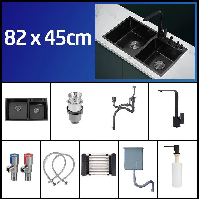 82x45cm Black Washing Basin 304 Stainless Steel Kitchen Sink with Knife Holder Vegetable Double Bowel Sink With Faucet Thickened