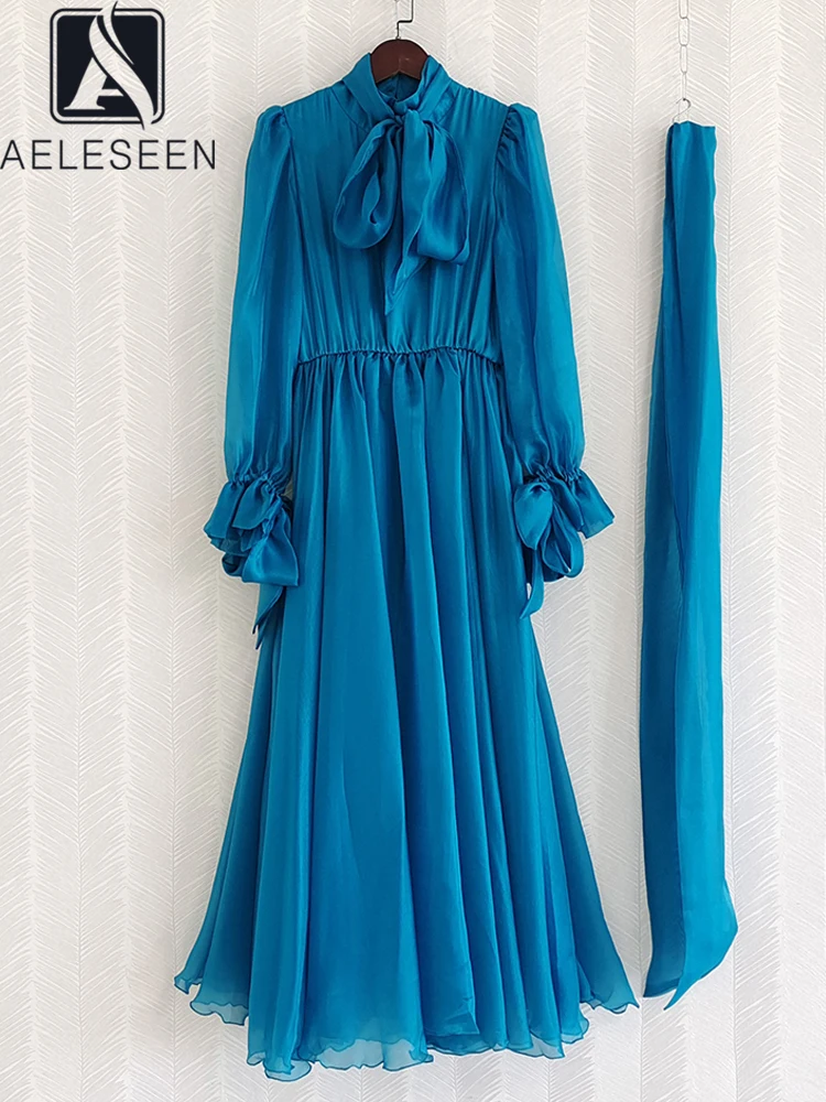AELESEEN Women Blue Long Dress 2022 Autumn Runway Fashion Bow Lantern Sleeve Solid Elegant With Belt Party Holiday