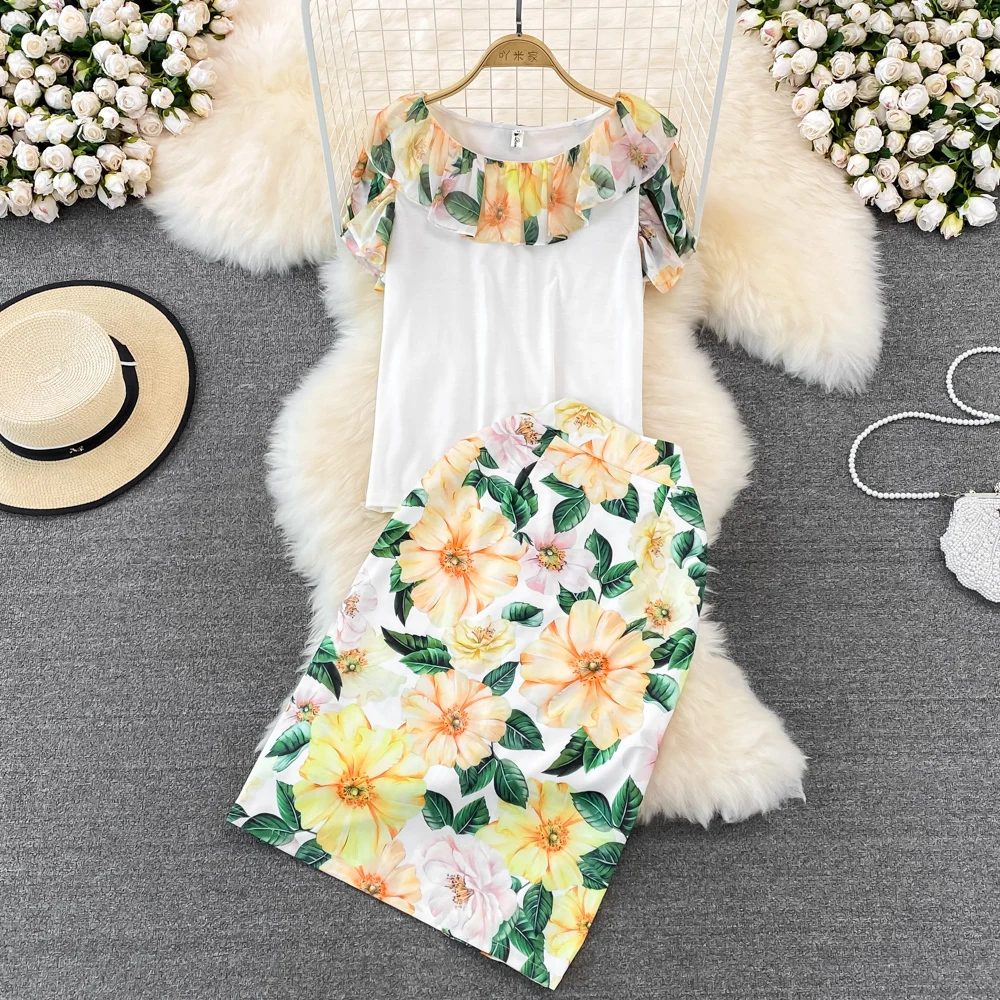 

YIZZHOY Summer New Women Fashion Round Neck Patchwork Ruffle Print Top + High Waist Medium Length Hip Wrap Skirt Two-Piece Set