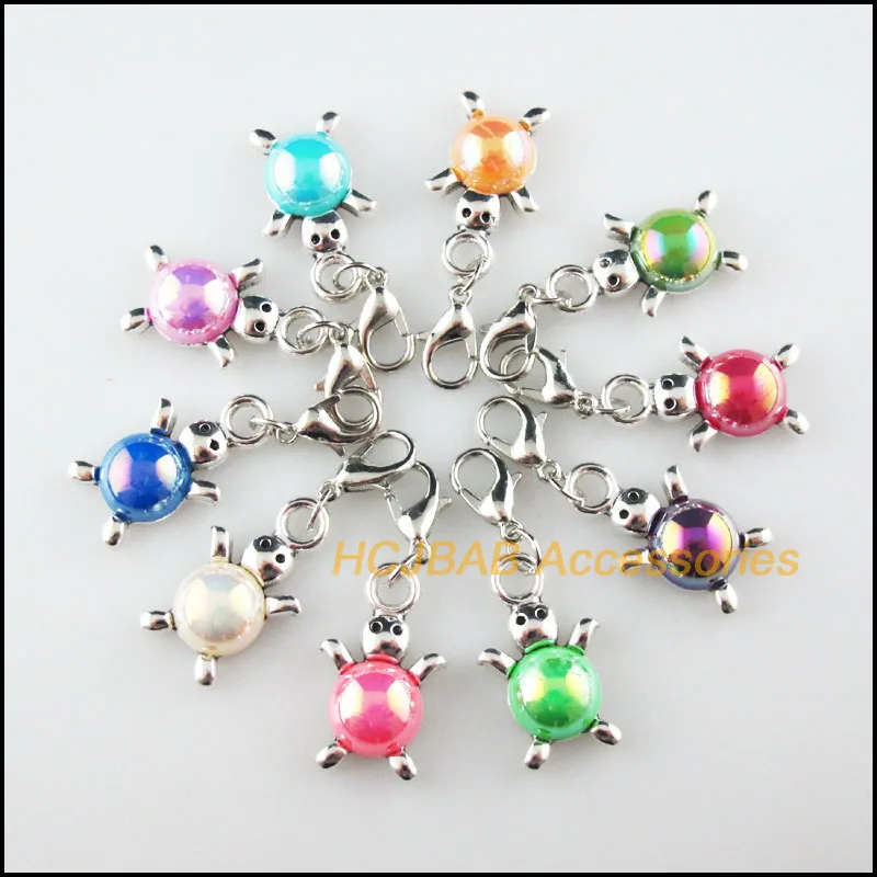 

Fashion New 10Pcs Retro Mixed Acrylic Tibetan Silver Plated Charms Animal Tortoise Pendants With Lobster Claw Clasps
