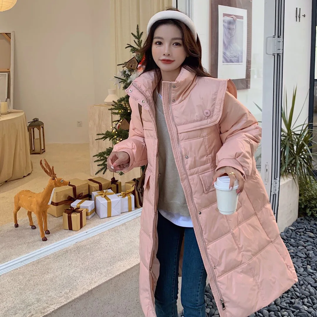 New Down Jacket Women's Mid-length Section Navy Collar Design Sense Cotton Jacket White Duck Down Thicker Knee-length Jacket